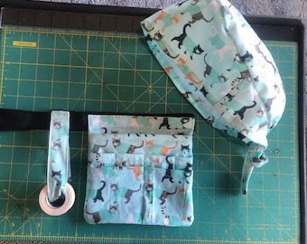 Mini Nurse Vet Tech Scrub Pocket, Treat Pouch with Belt, Zipper and Pockets in Cats in Scrubs Fabric and Scrub Surgical Cap