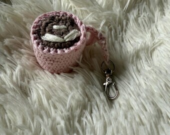 Crochet Coffee Cup Charm, Hand-Crocheted Keychain
