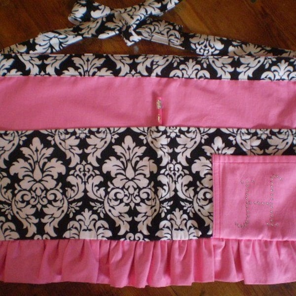 Rare Print Ruffled Waist Apron in Pink/Black and White Damask Fabric With Pockets