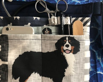 Belted RN Nurse Vet Tech Scrub Pocket with Zipper in Choice of Bernese Dog Fabric