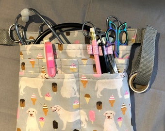 Vet Tech Scrub Pocket Belt, Dog Breed Print, Instrument Organizer