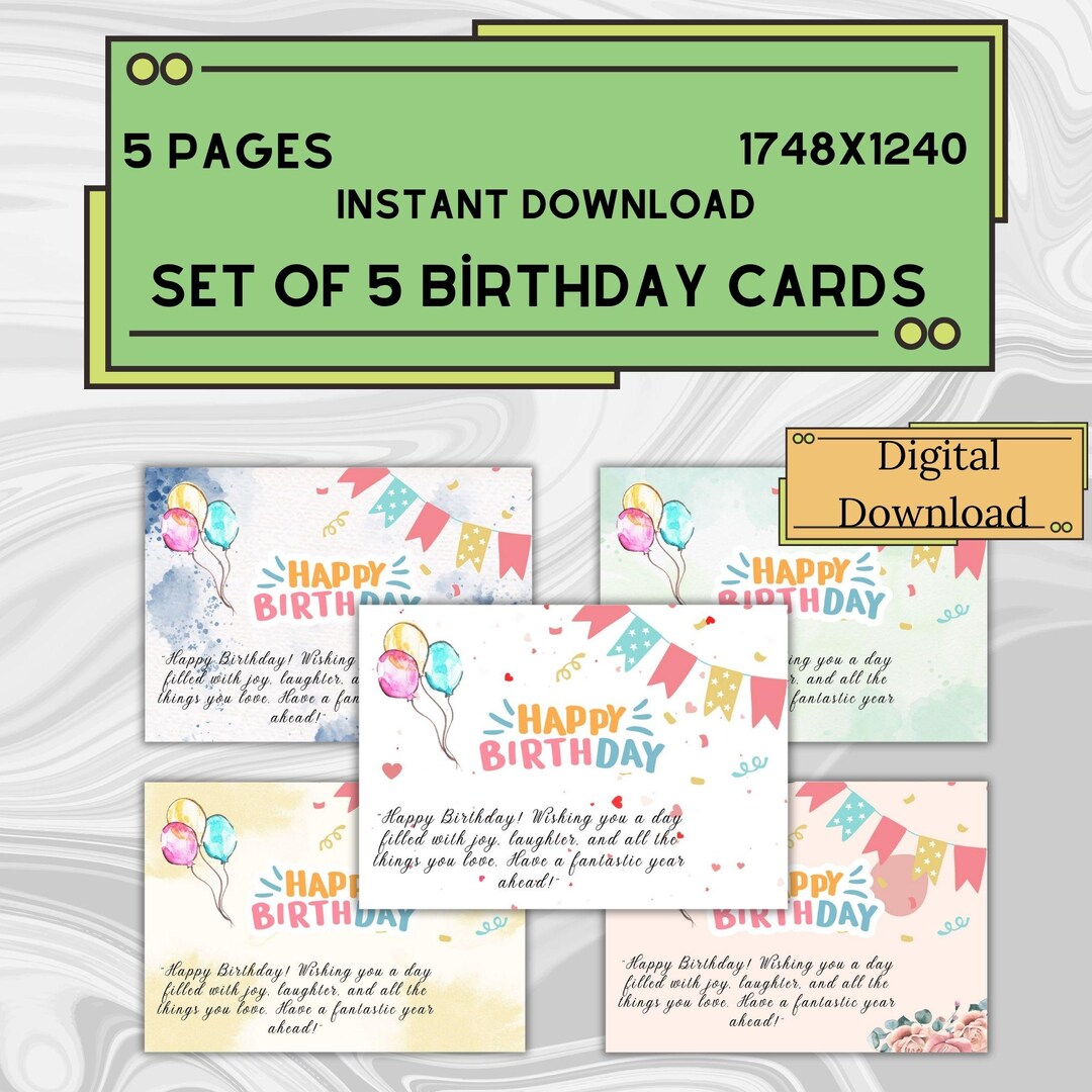 Set of 5 Birthday Cards, Birthday Cards Set - Pack of 5 Digital ...