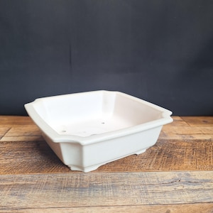 May include: A square, off-white ceramic planter with a slightly textured surface. The planter has a decorative rim and sits on small feet. The background is a dark grey, and the planter rests on a wooden surface.