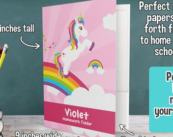 Personalized Rainbow and Unicorn Folder - Personalized 2 Pockets Folder - Personalized School Supplies for Kids - Custom Gift Back to School