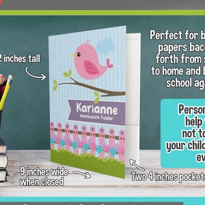 May include: Personalized 2-pocket folder with a pink bird design. The folder is 12 inches tall and 9 inches wide when closed. It has two 4-inch pockets and is made of thick card stock with gloss lamination.