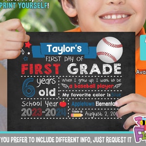 Baseball Personalized First Day of School Sign - Printable First Day of School Chalkboard Sign - First of ANY GRADE sign - Sports Sign