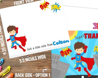 Superhero Note Cards - Set of Personalized Note Cards - 4.25” x 5.5” - Double-Sided Thank you Cards - Children Stationery - Kids Notecards