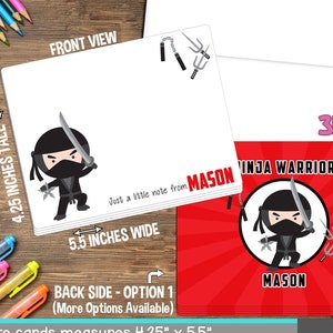 May include: Personalized note cards featuring a ninja warrior theme. The front view shows a ninja illustration with a sword, and the back side offers personalization options. Cards measure 4.25" x 5.5" and include white envelopes.
