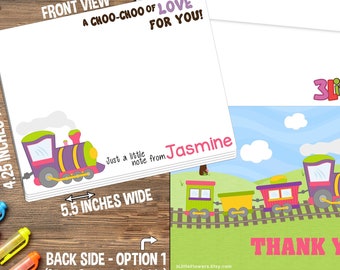 Train Note Cards - Set of Personalized Note Cards - 4.25 x 5.5 - Double-Sided Thank you Cards - Children Stationery - Kids Notecards