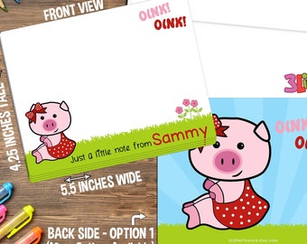 Pig Note Cards - Set of Personalized Note Cards - 4.25” x 5.5” - Double-Sided Thank you Cards - Children Stationery - Kids Notecards