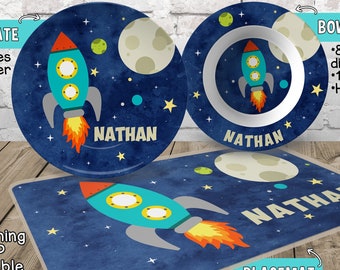 Personalized Spaceship Plate and Bowl Set - Personalized Plastic Children Plate and Cereal Bowl - Rocketship Outerspace Plate and Bowl