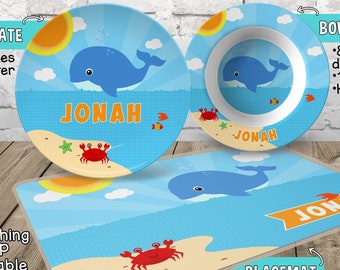 Personalized Whale Plate and Bowl Set - Personalized Plastic Children Plate and Cereal Bowl - Kids Dishes for Mealtime - Under the sea Gift