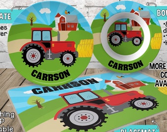 Tractor Plate and Bowl Set - Personalized Plastic Children Plate Cereal Bowl - Kids Dishes for Mealtime - Farm Plate Set - Tractor Party