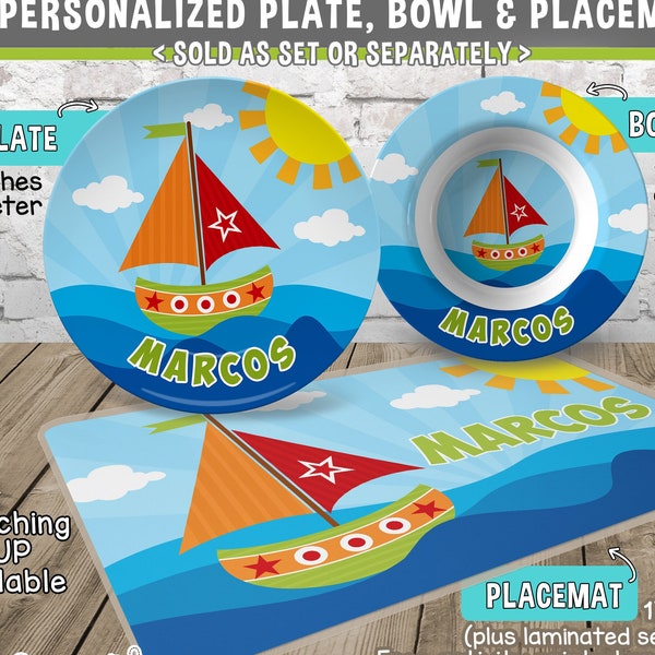 Personalized Sailboat Plate and Bowl Set - Personalized Plastic Children Plate and Cereal Bowl - Kids Dishes for Mealtime - Nautical Plate