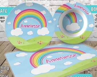 Personalized Rainbow Plate and Bowl Set - Personalized Plastic Children Plate and Cereal Bowl - Kids Dishes Mealtime - Rainbow Plate Set
