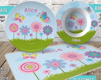 Flowers Plate and Bowl Set - Personalized Plastic Children Plate and Cereal Bowl - Kids Dishes for Mealtime - Spring Plate and Bowl Set