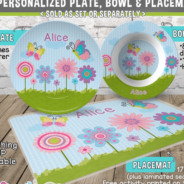 Flowers Plate and Bowl Set - Personalized Plastic Children Plate and Cereal Bowl - Kids Dishes for Mealtime - Spring Plate and Bowl Set