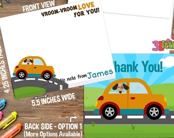 Car Note Cards - Set of Personalized Note Cards - 4.25 x 5.5 - Double-Sided Thank you Card - Children Stationery - Kids Notecards - Dog Card