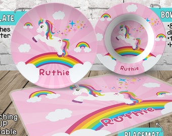 Personalized Unicorn Plate and Bowl Set - Personalized Plastic Children Plate and Cereal Bowl - Kids Dishes Mealtime - Unicorn Plate Set