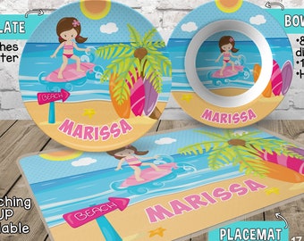 Surfer Plate and Bowl Set - Personalized Plastic Children Plate and Cereal Bowl - PICK HAIR SKIN color - Summer Plate and Bowl Set