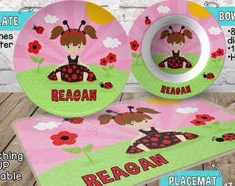 Ladybug Plate and Bowl Set - Personalized Plastic Children Plate Cereal Bowl - Kids Dishes for Mealtime - Personalized Ladybug Plate Set