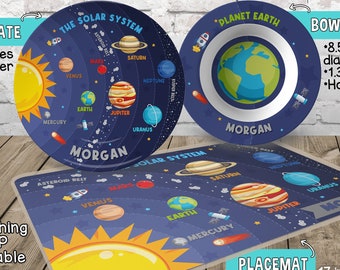 Solar System Plate and Bowl Set - Personalized Plastic Children Plate Cereal Bowl - Kids Dishes for Mealtime - Planets Plate and Bowl Set