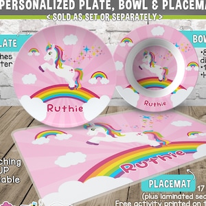 Personalized Unicorn Plate and Bowl Set - Personalized Plastic Children Plate and Cereal Bowl - Kids Dishes Mealtime - Unicorn Plate Set