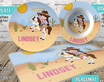 Cowgirl Plate and Bowl Set - Personalized Plastic Children Plate and Cereal Bowl - PICK HAIR SKIN color - Cowgirl Plate Set - Western Party