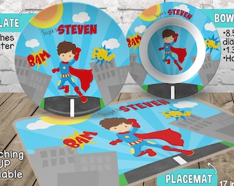 Superhero Plate and Bowl Set - Personalized Plastic Children Plate and Cereal Bowl - PICK HAIR SKIN color - Superhero Plate Set