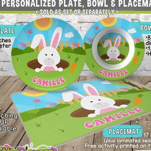 Bunny Plate and Bowl Set Personalized Plastic Children Plate and Cereal Bowl Spring Plate and Bowl Personalized Bunny Plate Set image 1