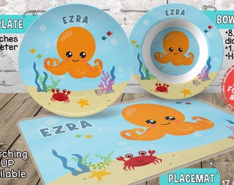 Personalized Octopus Plate and Bowl Set - Personalized Plastic Children Plate and Cereal Bowl - Kid Dishes for Mealtime - Under the sea Gift