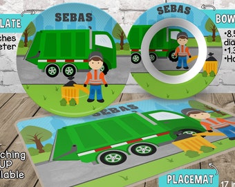 Garbage Truck Plate and Bowl Set - Personalized Plastic Children Plate Cereal Bowl - Kids Dishes for Mealtime - Trash Truck Driver Plate