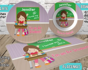 School Girl Plate and Bowl Set - Personalized Plastic Children Plate and Cereal Bowl - Kids Dishes for Mealtime - Little Me Plate School