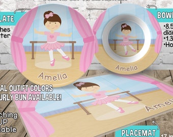 Personalized Ballerina Plate and Bowl Set - Personalized Plastic Children Plate Cereal Bowl - CHOOSE HAIR SKIN color - Ballerina Plate Set
