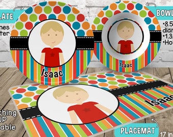 Little Me Boy Plate and Bowl Set - Personalized Plastic Children Plate and Cereal Bowl - Kids Dishes for Mealtime - Choose hair skin color