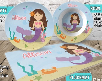Personalized Mermaid Plate and Bowl Set - Personalized Plastic Children Plate and Cereal Bowl - CHOOSE HAIR SKIN color - Mermaid Plate Set