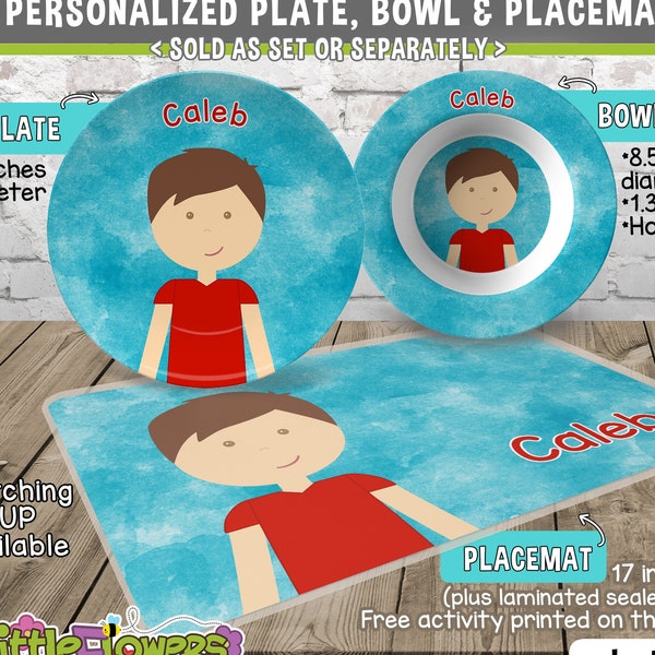 Little Me Boy Plate and Bowl Set - Personalized Plastic Children Plate and Cereal Bowl - Kids Dishes for Mealtime - Choose hair skin color