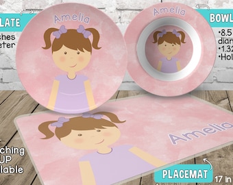 Little Girl Plate and Bowl Set - Personalized Plastic Children Plate and Cereal Bowl - Kids Dishes for Mealtime - Choose hair skin eye color