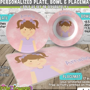 Little Girl Plate and Bowl Set Personalized Plastic Children Plate and Cereal Bowl Kids Dishes for Mealtime Choose hair skin eye color image 1