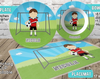 Soccer Plate and Bowl Set - Personalized Plastic Children Plate Cereal Bowl - Choose HAIR SKIN color - Player Plate Set - Sports Party