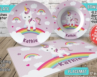 Personalized Baby Unicorn Plate and Bowl Set - Personalized Plastic Children Plate Cereal Bowl - Kids Dishes Mealtime - Unicorn Plate Set