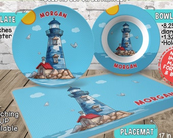 Personalized Lighthouse and Keepers House Plate and Bowl - Personalized Plastic Children Plate and Cereal Bowl - Kids Dishes for Mealtime