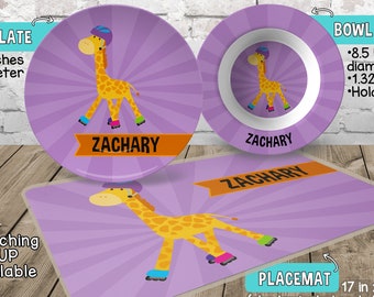 Fun Giraffe Plate and Bowl Set - Personalized Plastic Children Plate Cereal Bowl - Kids Dishes for Mealtime - Cool Giraffe Plate and Bowl