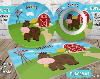 Cow Plate and Bowl Set - Personalized Plastic Children Plate Cereal Bowl - Kids Dishes for Mealtime - Farm Plate and Bowl Set - Brown Cow