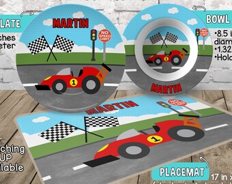 Race Car Plate and Bowl Set - Personalized Plastic Children Plate Cereal Bowl - Choose TRAITS color - Driver Plate Set - Racing Party Gift