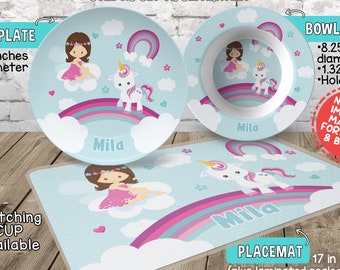 Unicorn Plate and Bowl Set - Personalized Plastic Children Plate and Cereal Bowl - Kids Dishes Mealtime - Personalized Baby Unicorn Plate
