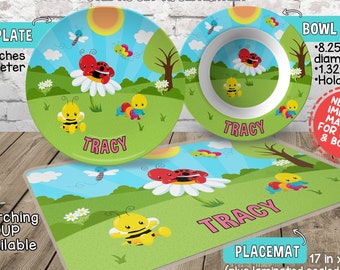 Baby Bugs Plate and Bowl Set - Personalized Plastic Children Plate and Cereal Bowl - Kids Dishes for Mealtime - Spring Plate and Bowl Set
