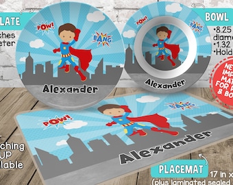 Superhero Plate and Bowl Set - Personalized Plastic Children Plate and Cereal Bowl - PICK HAIR SKIN color - Superhero Plate Set