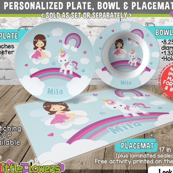 Unicorn Plate and Bowl Set - Personalized Plastic Children Plate and Cereal Bowl - Kids Dishes Mealtime - Personalized Baby Unicorn Plate