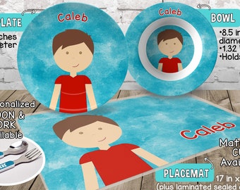 Little Me Boy Plate and Bowl Set - Personalized Plastic Children Plate and Cereal Bowl - Kids Dishes for Mealtime - Choose hair skin color
